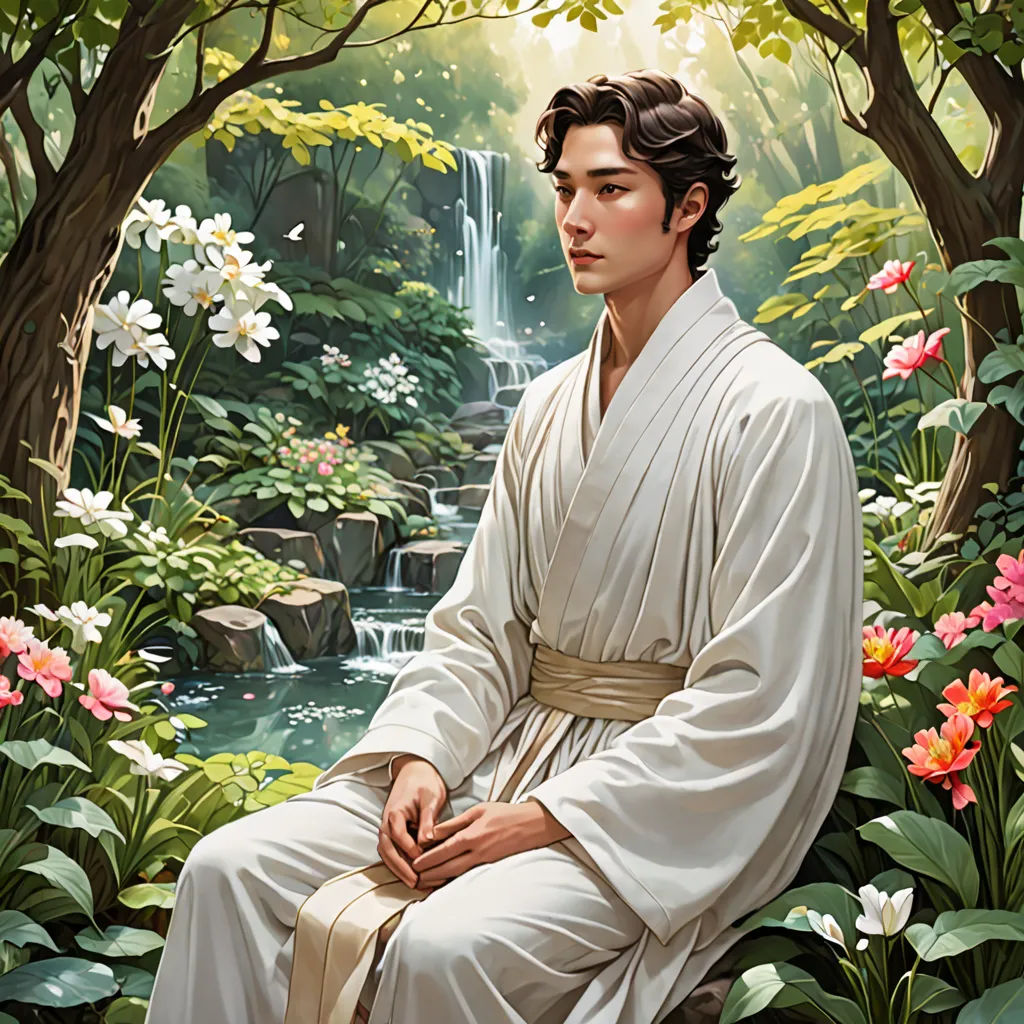 a painting of a man sitting in a forest with flowers and a waterfall in the background, with a waterfall in the background, fantasy art, a character portrait, Bian Jingzhao, official art