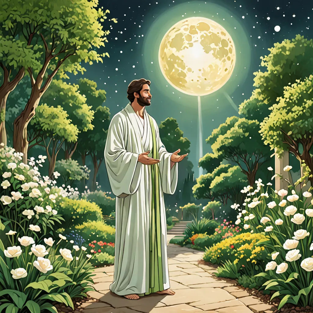a painting of jesus in a garden with a full moon in the background and flowers around him, with a path leading to the center, kitsch movement, a storybook illustration, Christophe Vacher, kinkade