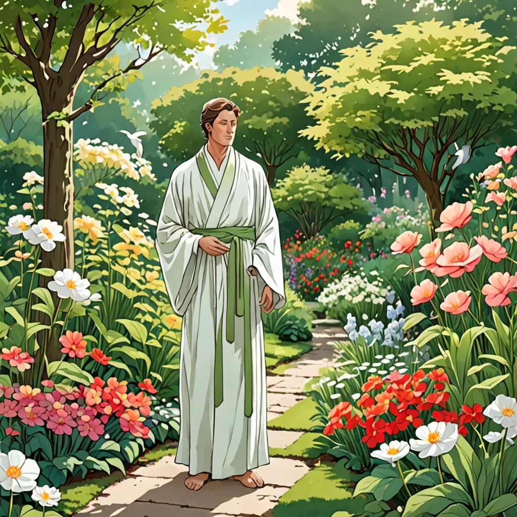 a man in a white robe standing in a garden with flowers and trees in the background and a path leading to a tree, naturalism, a comic book panel, Colin Middleton, official art