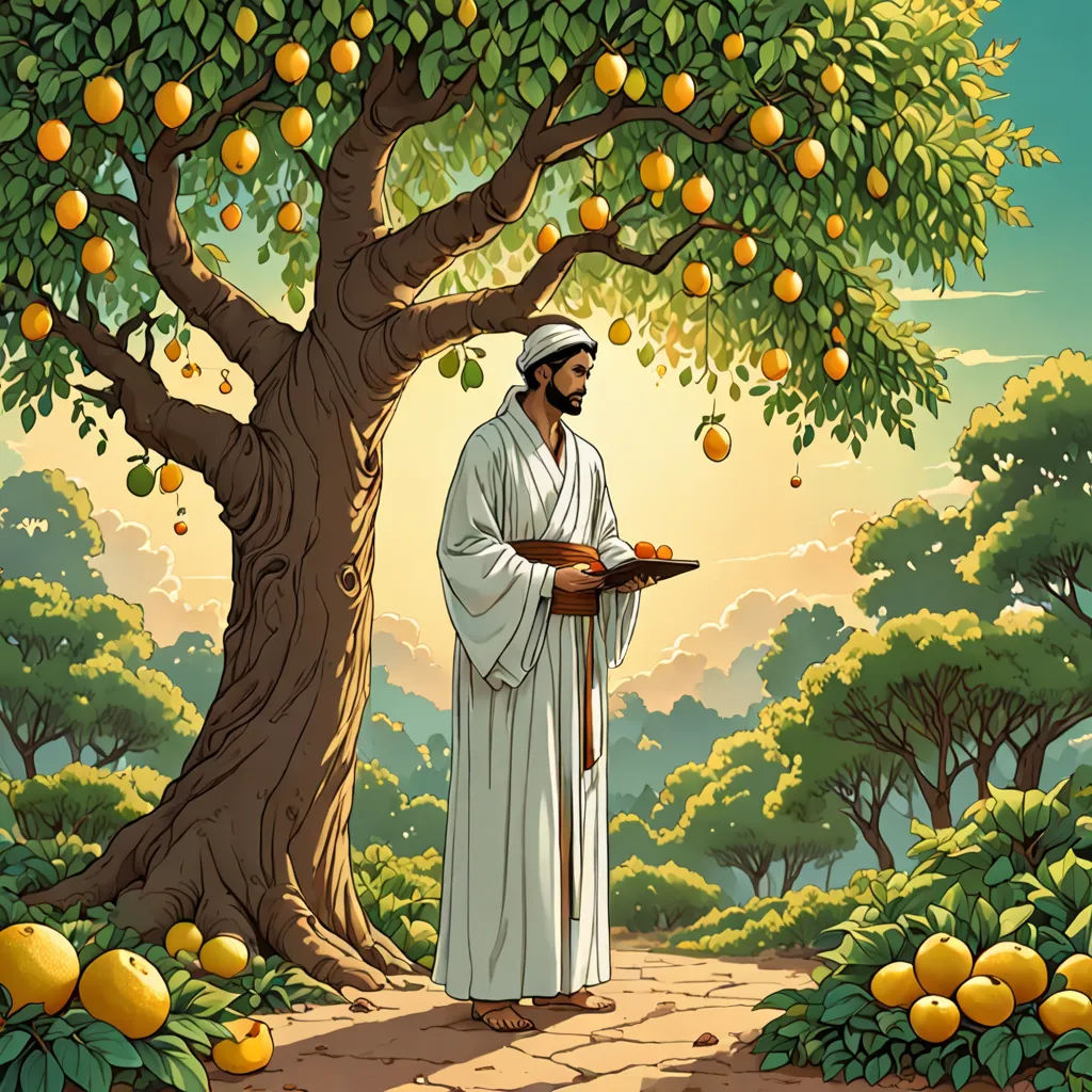 a man standing under a tree with an orange tree in the background and a bunch of oranges on the ground, purism, a storybook illustration, Asaf Hanuka, orange