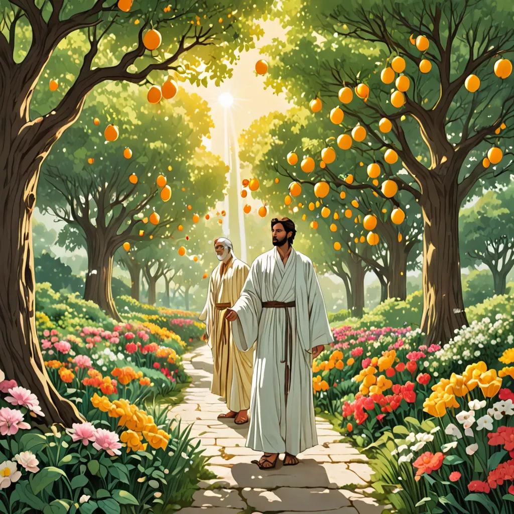 a painting of two men walking through a garden of oranges and flowers with trees in the background and a fountain in the foreground, excessivism, a storybook illustration, Brothers Hildebrandt, official art