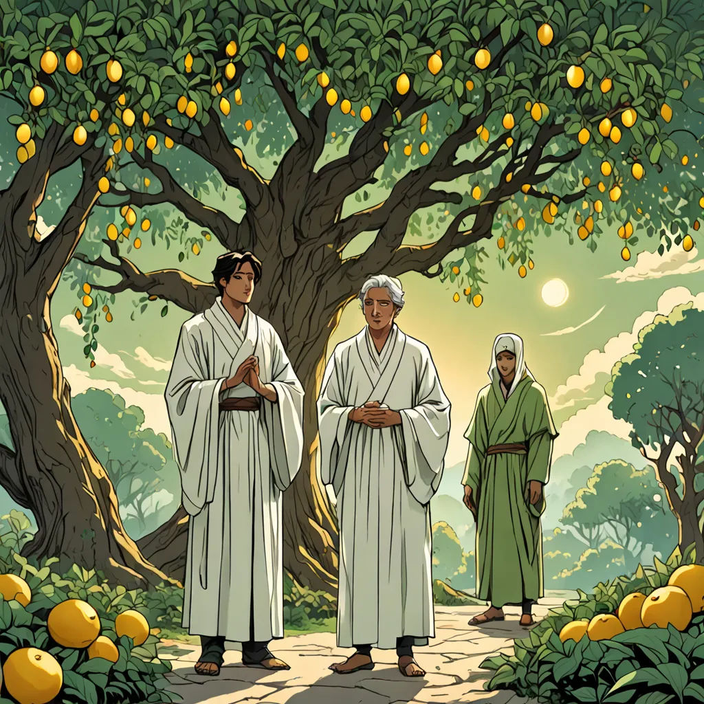 a painting of two men standing in front of a tree with oranges on it and a man in a white robe, ukiyo-e, a storybook illustration, Asaf Hanuka, official art