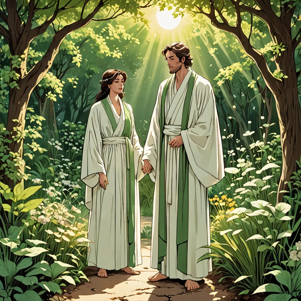 a painting of jesus and mary walking through a forest with sunlight shining through the trees and leaves on the ground, neo-romanticism, a comic book panel, Christophe Vacher, official art