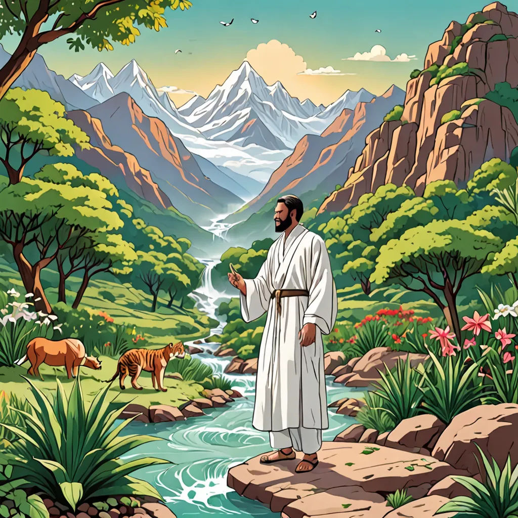 a man standing on a rock in a mountain valley with a river and cows in the background, surrounded by mountains and trees, naturalism, a storybook illustration, Asaf Hanuka, comic cover art