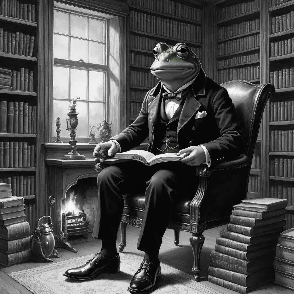 a frog sitting in a chair reading a book in a library with a fireplace and bookshelves in the background, pre-raphaelitism, a storybook illustration, Andries Stock, storybook illustration