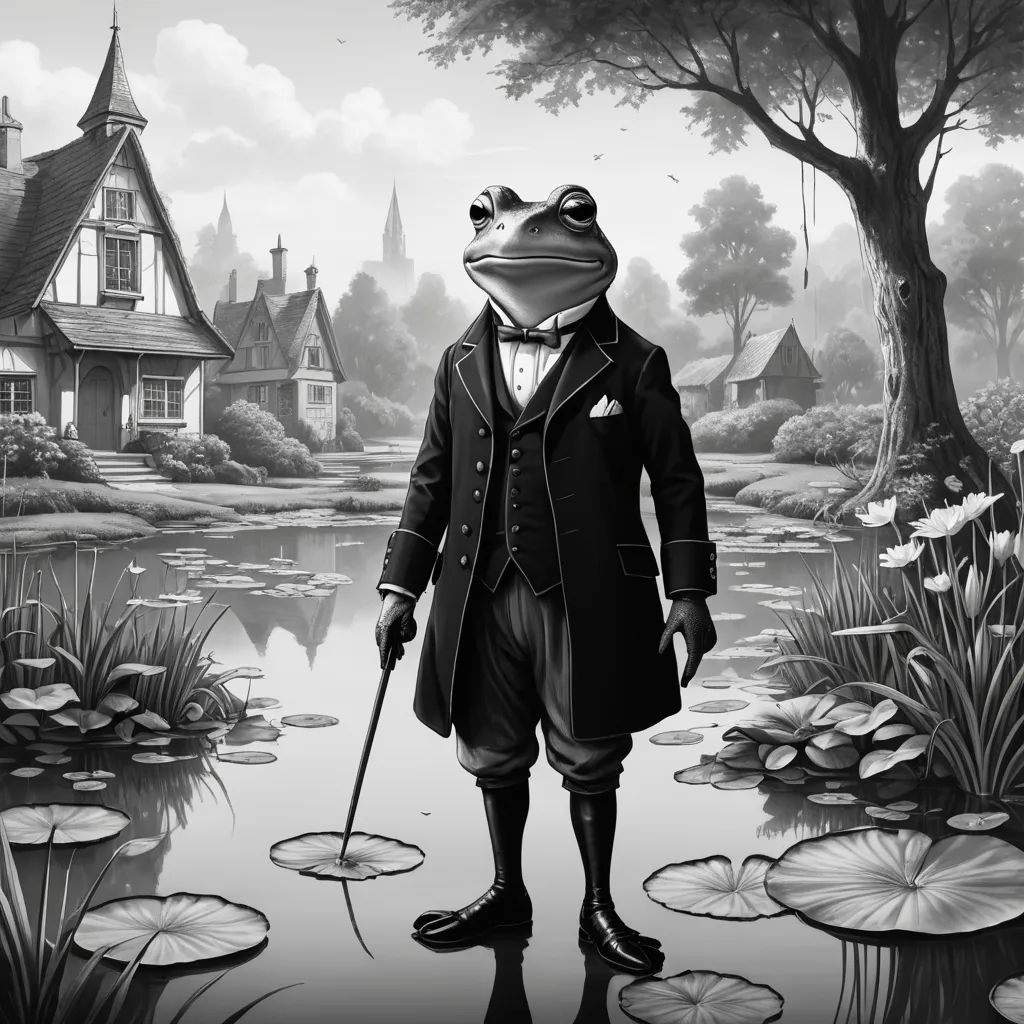 a frog dressed in a suit and tie standing in front of a pond with lily pads and a house, pop surrealism, an ultrafine detailed painting, Edgar Ainsworth, highly detailed digital painting