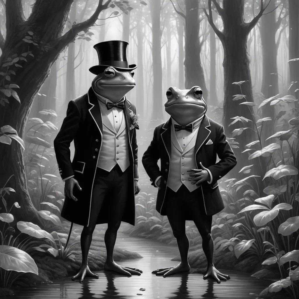 a couple of frogs standing next to each other in a forest with trees and plants behind them, dressed in formal attire, pop surrealism, an ultrafine detailed painting, Andries Both, highly detailed digital painting