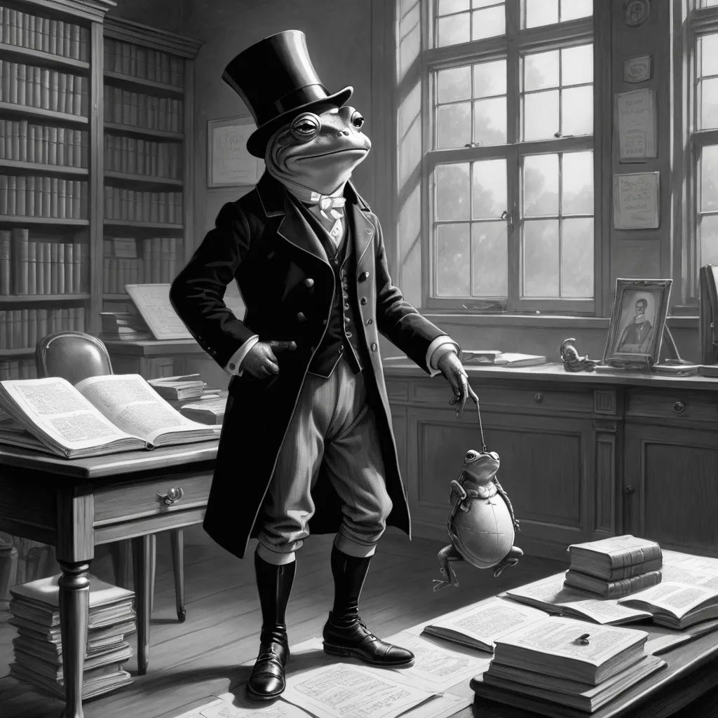 a frog dressed in a top hat and coat standing in a library with a teapot and books on the table, pop surrealism, a storybook illustration, Edgar Ainsworth, storybook illustration