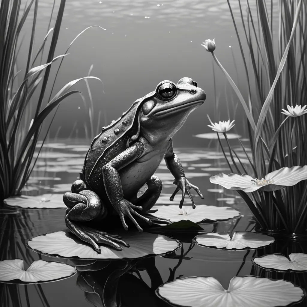 a frog sitting on top of a lily pad in a pond of water with lily pads around it and a sky background, fantasy art, an ambient occlusion render, David Martin, highly detailed digital painting