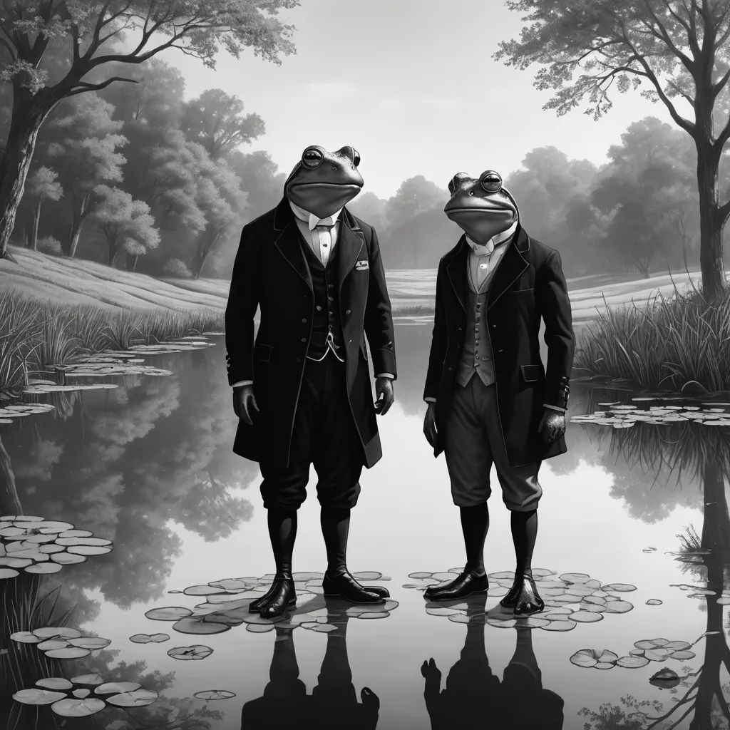 two frogs dressed in suits standing in front of a pond with lily pads and trees in the background, one of which is reflecting in the water, classical realism, an ultrafine detailed painting, Andries Both, highly detailed digital art