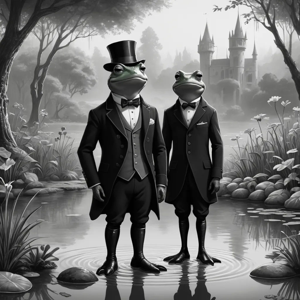 two frogs dressed in suits and hats standing in a pond with a castle in the background and a pond with water, pop surrealism, an ultrafine detailed painting, Craola, behance hd