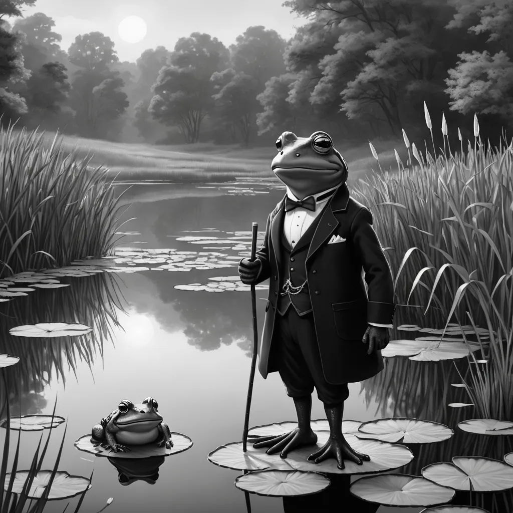 a frog in a suit and tie standing on a lily pad in a pond with a frog in it, magic realism, a storybook illustration, Edgar Ainsworth, storybook illustration