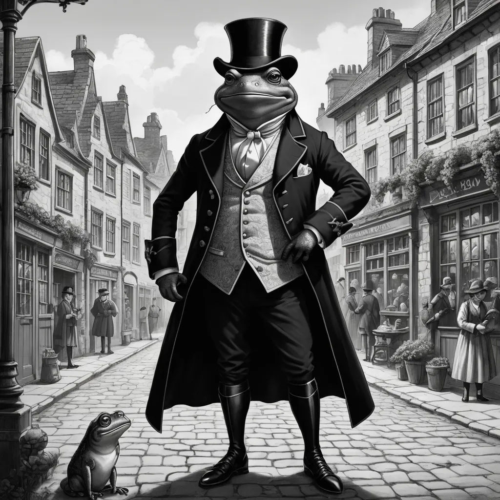a frog dressed in a top hat and coat standing on a brick road next to a frog in a suit, magical realism, an ultrafine detailed painting, Christopher Wren, official art
