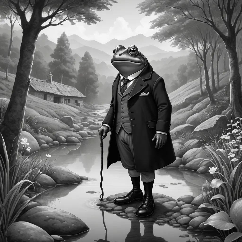 a frog dressed in a suit and tie standing in a pond with a cane in his hand and a house in the background, pop surrealism, a storybook illustration, Edgar Ainsworth, storybook illustration