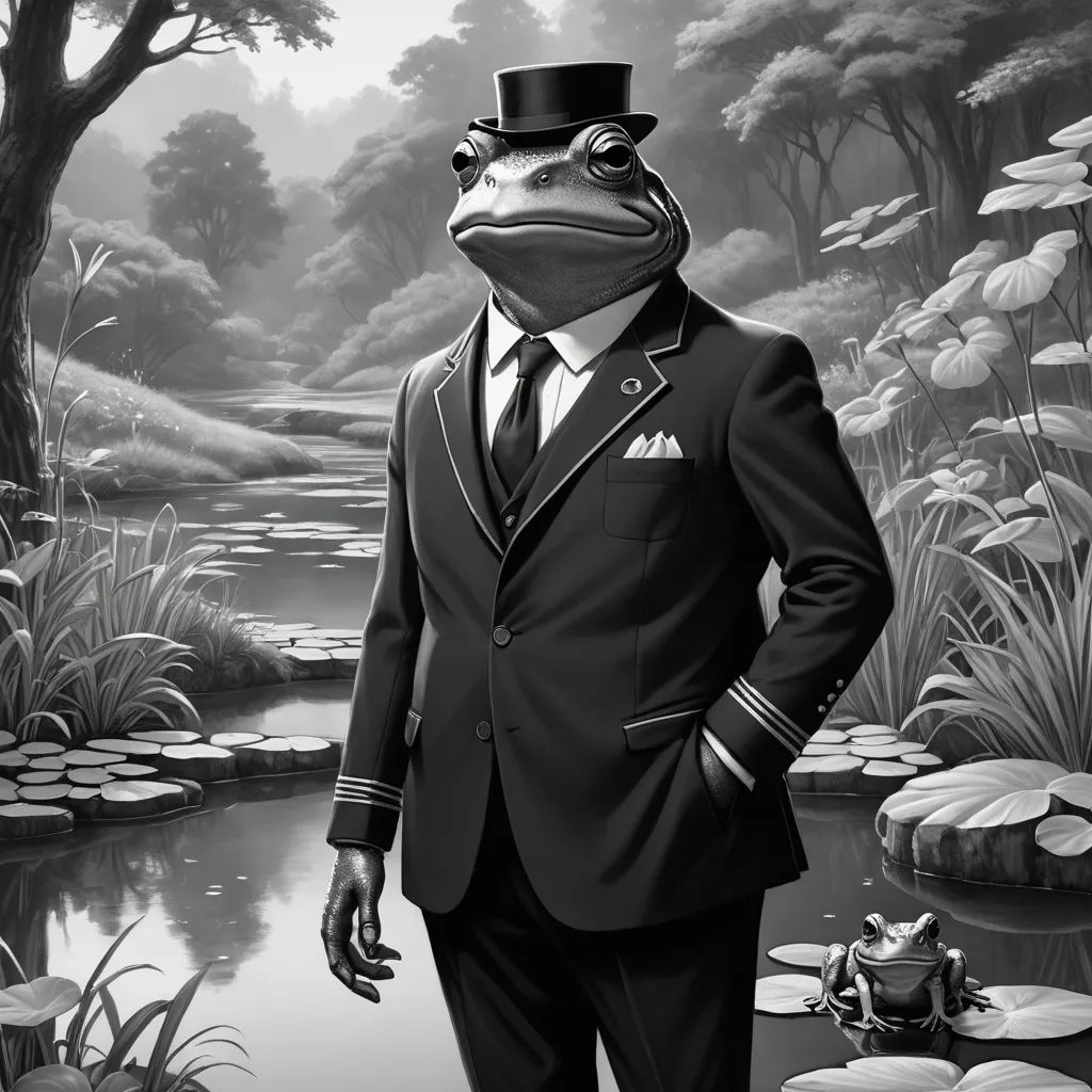 a frog in a suit and tie standing in front of a pond with lily pads and a frog in a top hat, classical realism, an ultrafine detailed painting, Edgar Ainsworth, elite