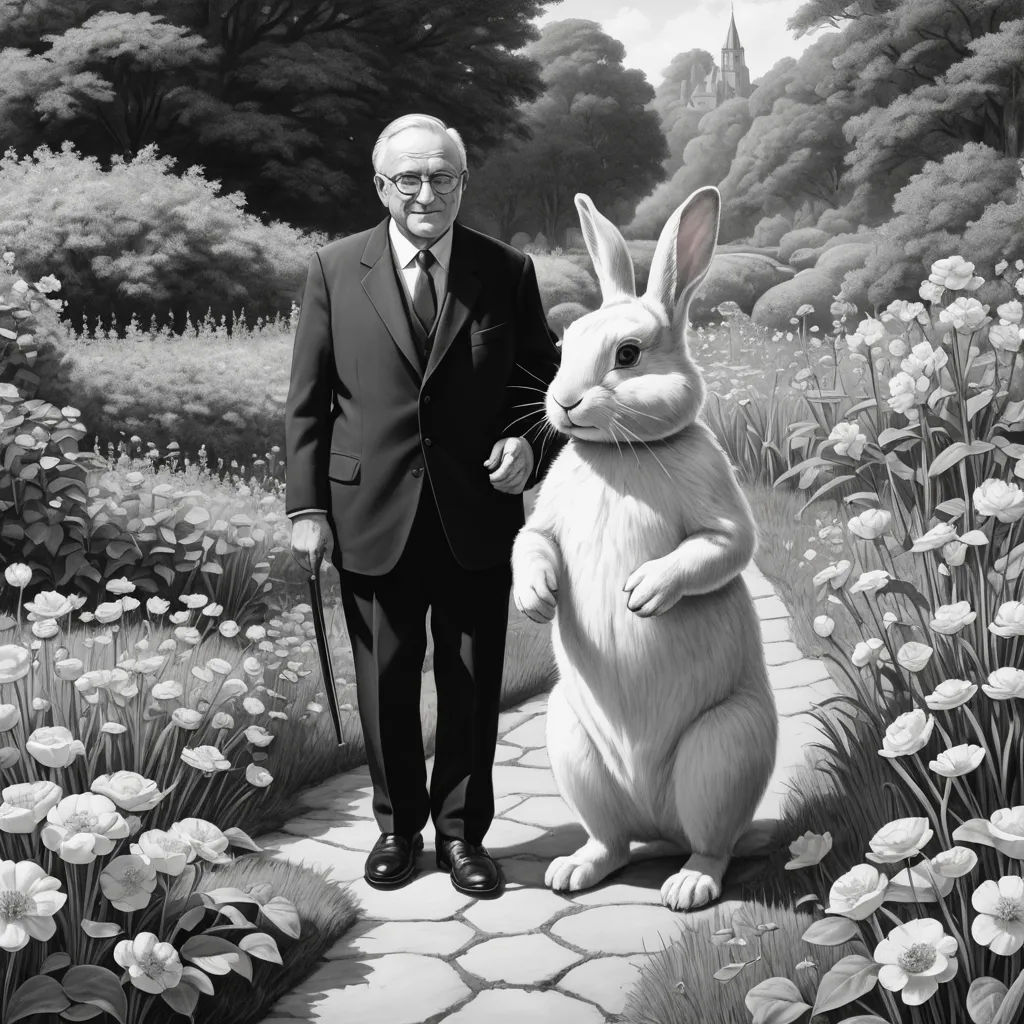 a man in a suit and tie standing next to a rabbit in a field of flowers and grass with a castle in the background, fantastic realism, a storybook illustration, Al Feldstein, storybook illustration