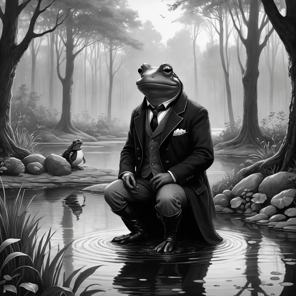 a frog in a suit and tie sitting on a pond with a frog in the background and a frog in the foreground, fantasy art, an ultrafine detailed painting, Edgar Ainsworth, classical painting