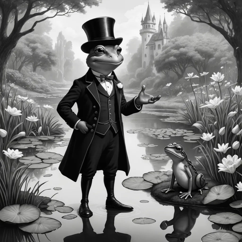 a frog in a top hat and a suit standing in front of a pond with lily pads and a frog in a suit, fantasy art, a storybook illustration, Craola, storybook illustration