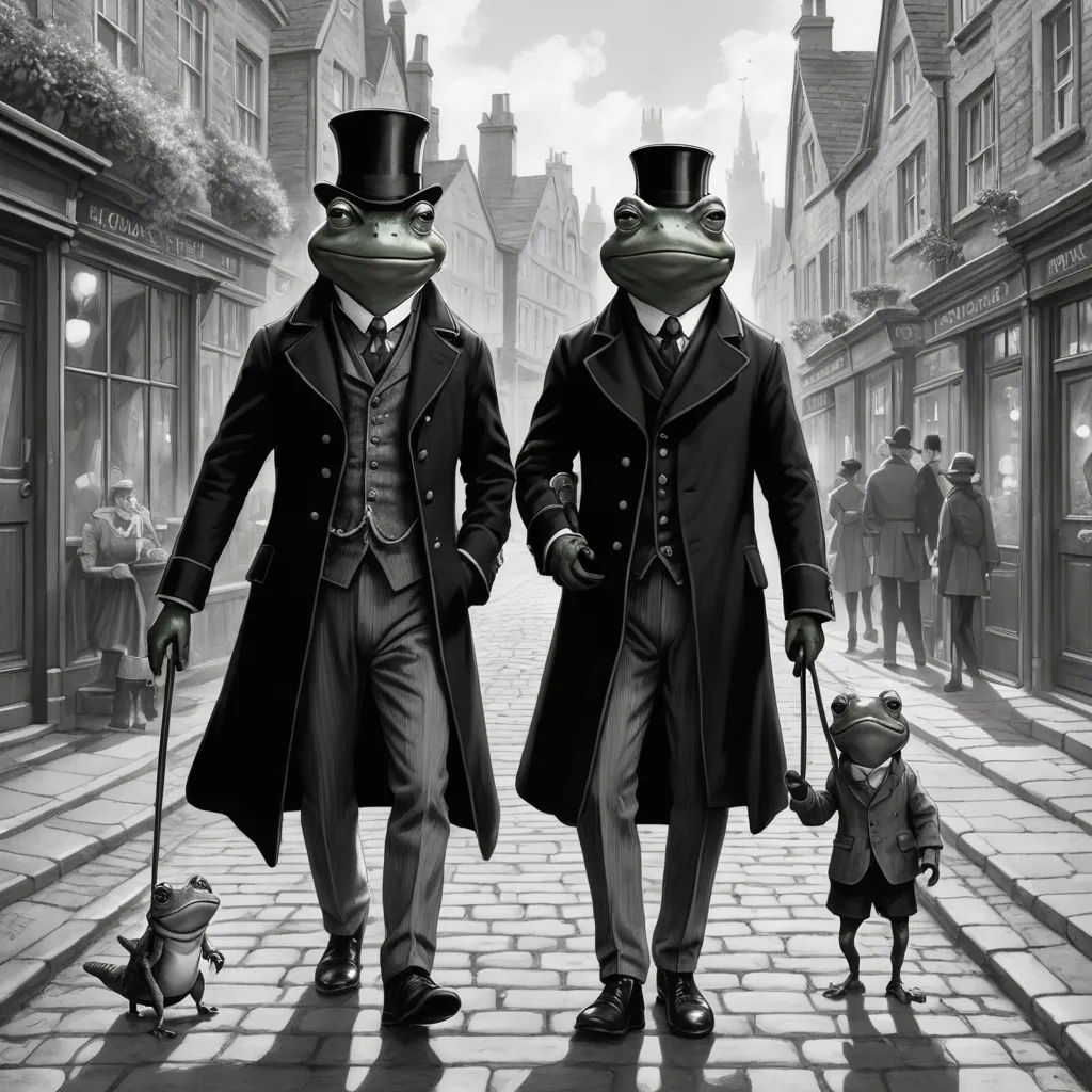 a couple of people that are walking down a street with a dog in front of them and a frog in the back, pop surrealism, a storybook illustration, Andries Stock, steampunk