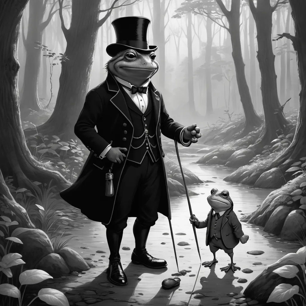 a frog in a top hat and tails with a cane and cane walking in a forest with a man in a top hat, pop surrealism, a storybook illustration, Craola, storybook illustration