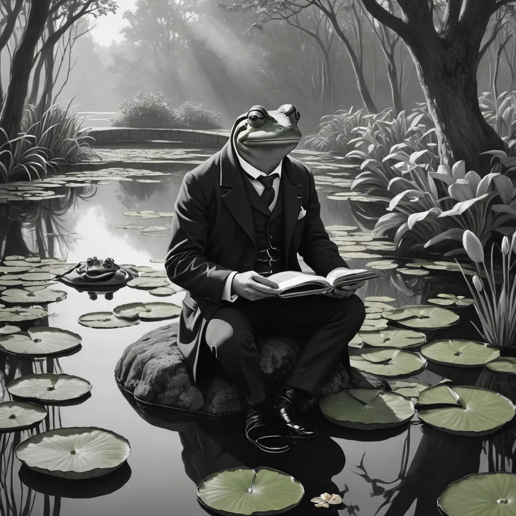 a man sitting on a rock in a pond of water lilies reading a book with a frog on his head, classical realism, a storybook illustration, Andries Stock, symbolist