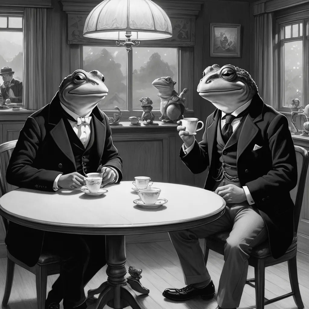 a couple of frogs sitting at a table drinking coffee together, with a man in a suit and tie, pop surrealism, a surrealist painting, Edgar Ainsworth, highly detailed digital art