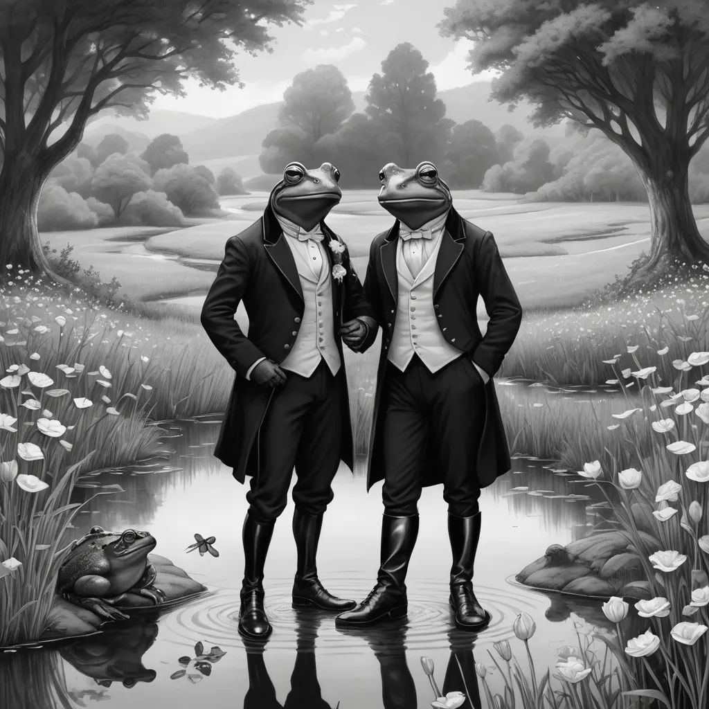 two frogs dressed in suits standing in a pond of water with a frog in the background and a frog in the foreground, pop surrealism, a storybook illustration, Andries Both, highly detailed digital art