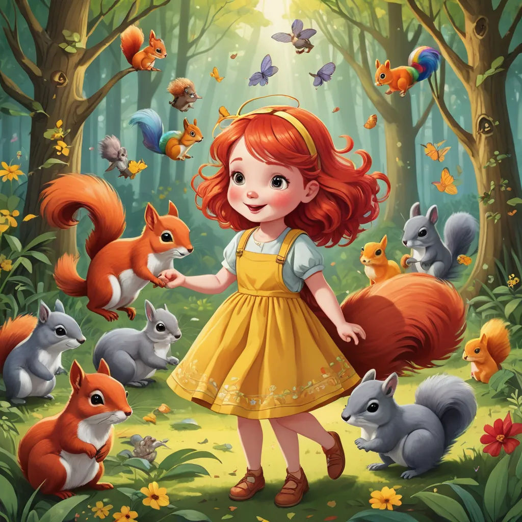 a girl in a yellow dress surrounded by animals in a forest with a sunbeam in the background and a forest scene with a squirrel and a squirrel, pop surrealism, a storybook illustration, Evaline Ness, storybook illustration