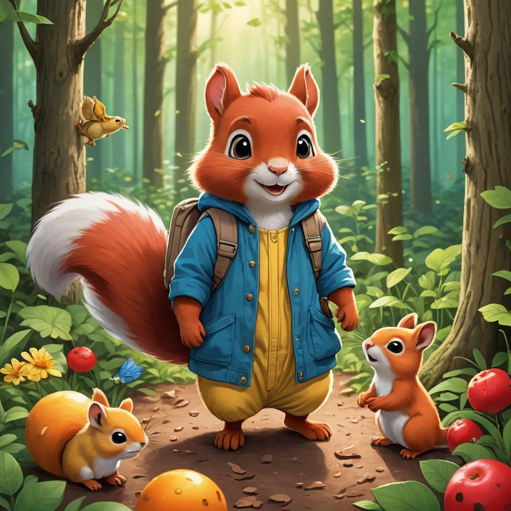 a painting of a squirrel and two other animals in a forest with mushrooms and mushrooms on the ground and a man in a blue jacket, sots art, a character portrait, Chris LaBrooy, key art