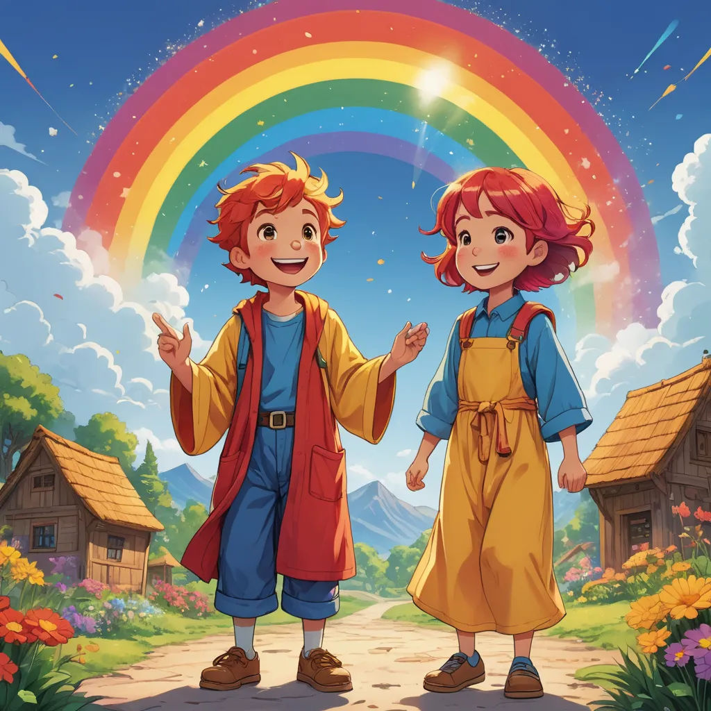 a boy and a girl standing in front of a rainbow and a house with a rainbow in the background, rayonism, a storybook illustration, Anne Said, official art