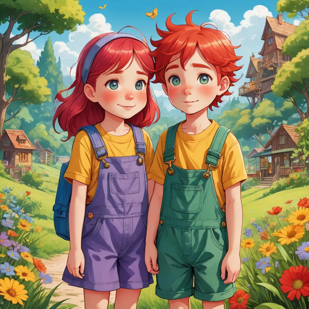 two children standing in front of a forest with flowers and a house in the background with a butterfly flying overhead, lyco art, a storybook illustration, Anne Said, trending on art station