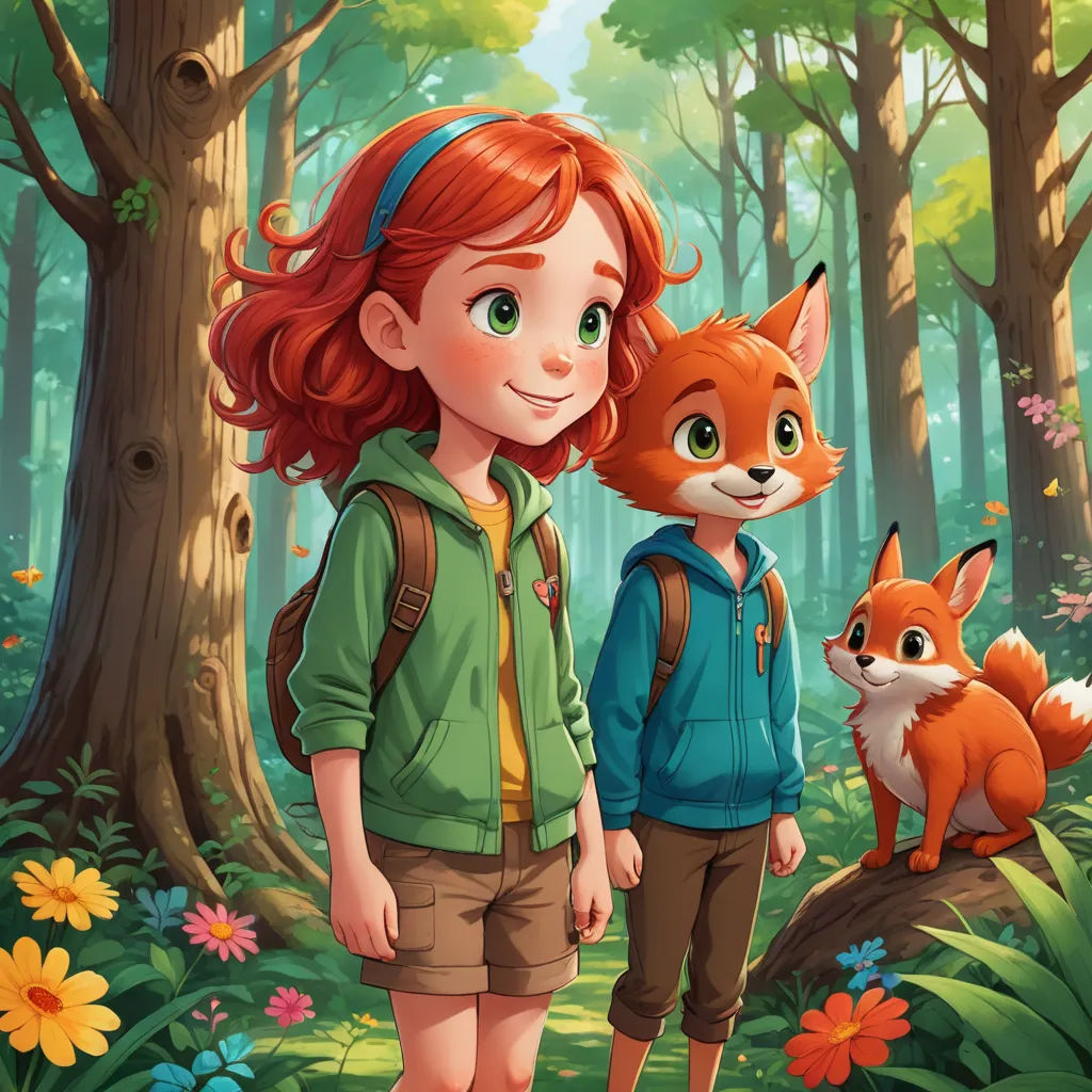 a girl and a fox in a forest with flowers and trees in the background illustration by alex krapf, furry art, a storybook illustration, Anne Said, official art