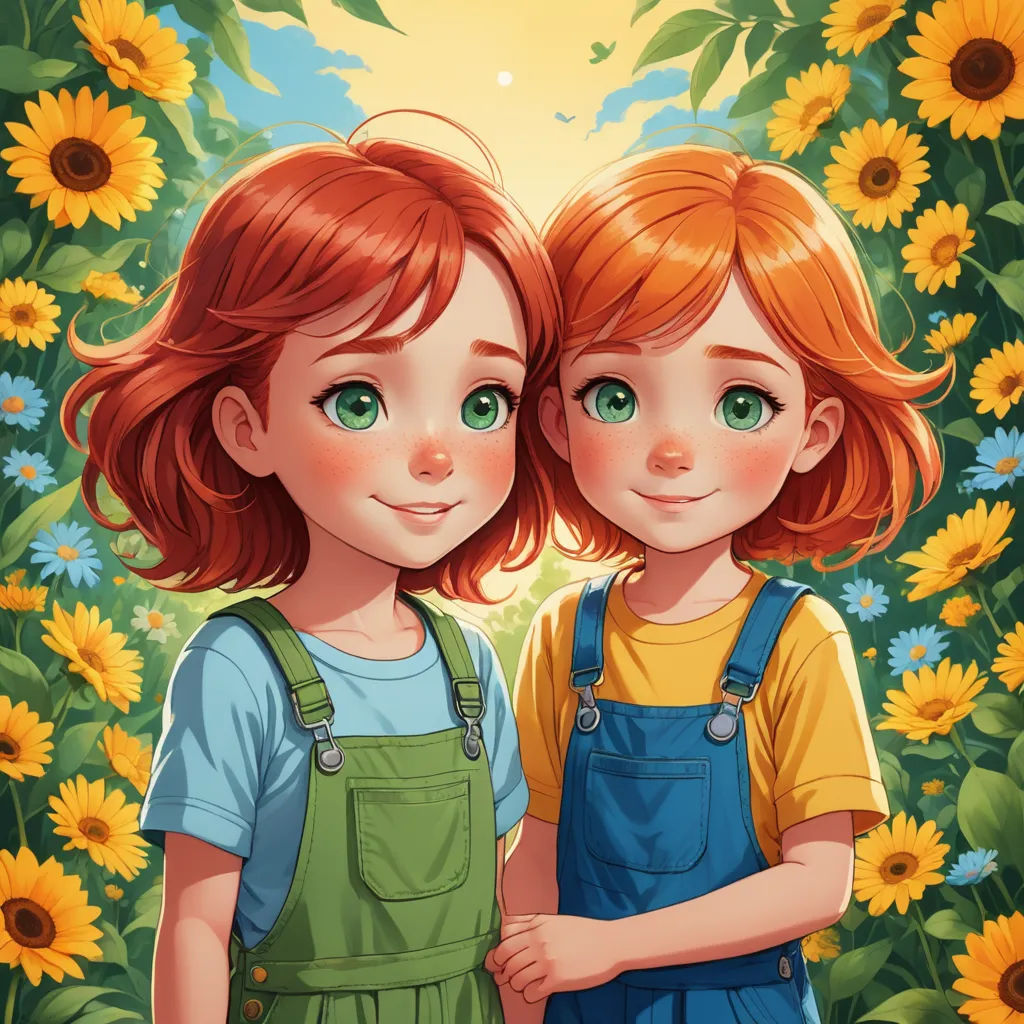 two little girls standing in front of a field of sunflowers with their arms around each other, looking at the camera, lyco art, a storybook illustration, Diego Gisbert Llorens, trending on art station