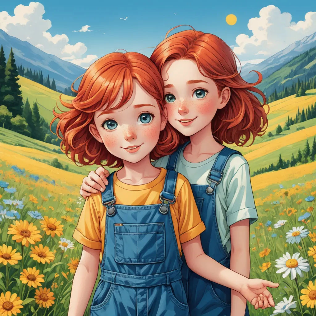 a painting of two girls in a field of flowers with mountains in the background and sunflowers in the foreground, lyco art, a storybook illustration, Caroline Lucy Scott, trending on art station