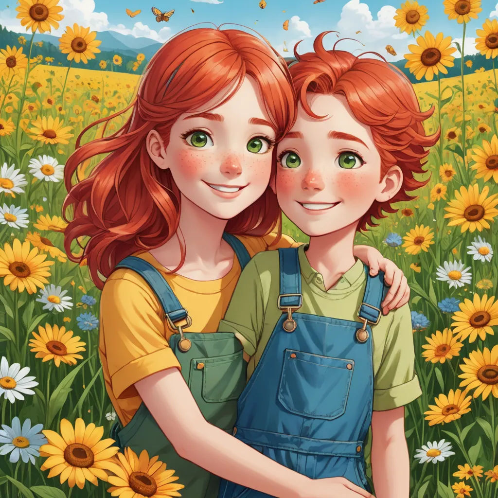 a couple of people standing in a field of flowers with sunflowers in the background and a sky with clouds, lyco art, a storybook illustration, Diego Gisbert Llorens, trending on art station