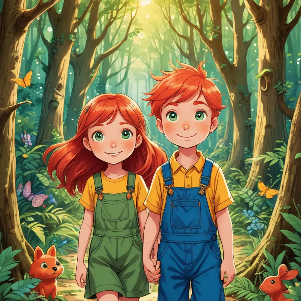 a couple of kids standing in the woods together with a forest background and a sun shining through the trees, lyco art, a storybook illustration, Diego Gisbert Llorens, official art