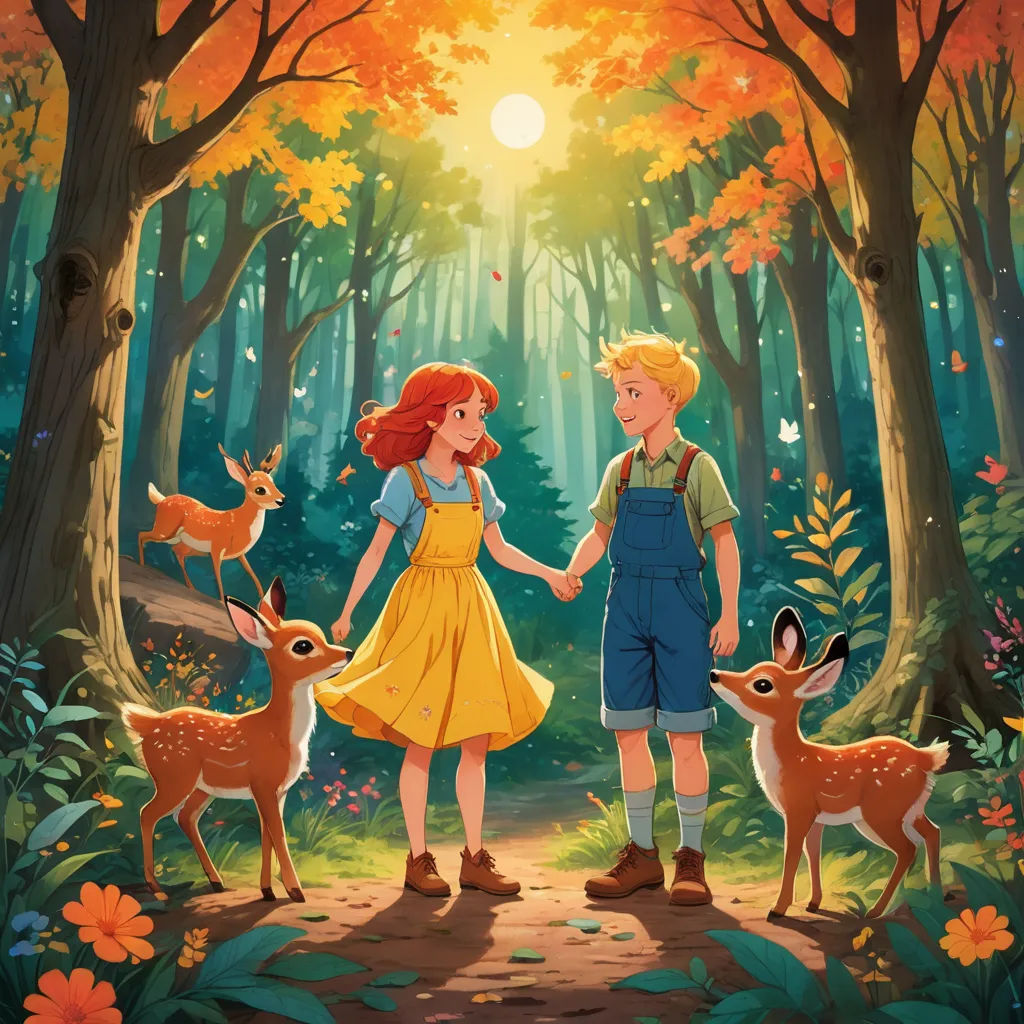 a boy and a girl are holding hands in the woods with deers and flowers around them, and the sun shining through the trees, magical realism, a storybook illustration, Elinor Proby Adams, official art
