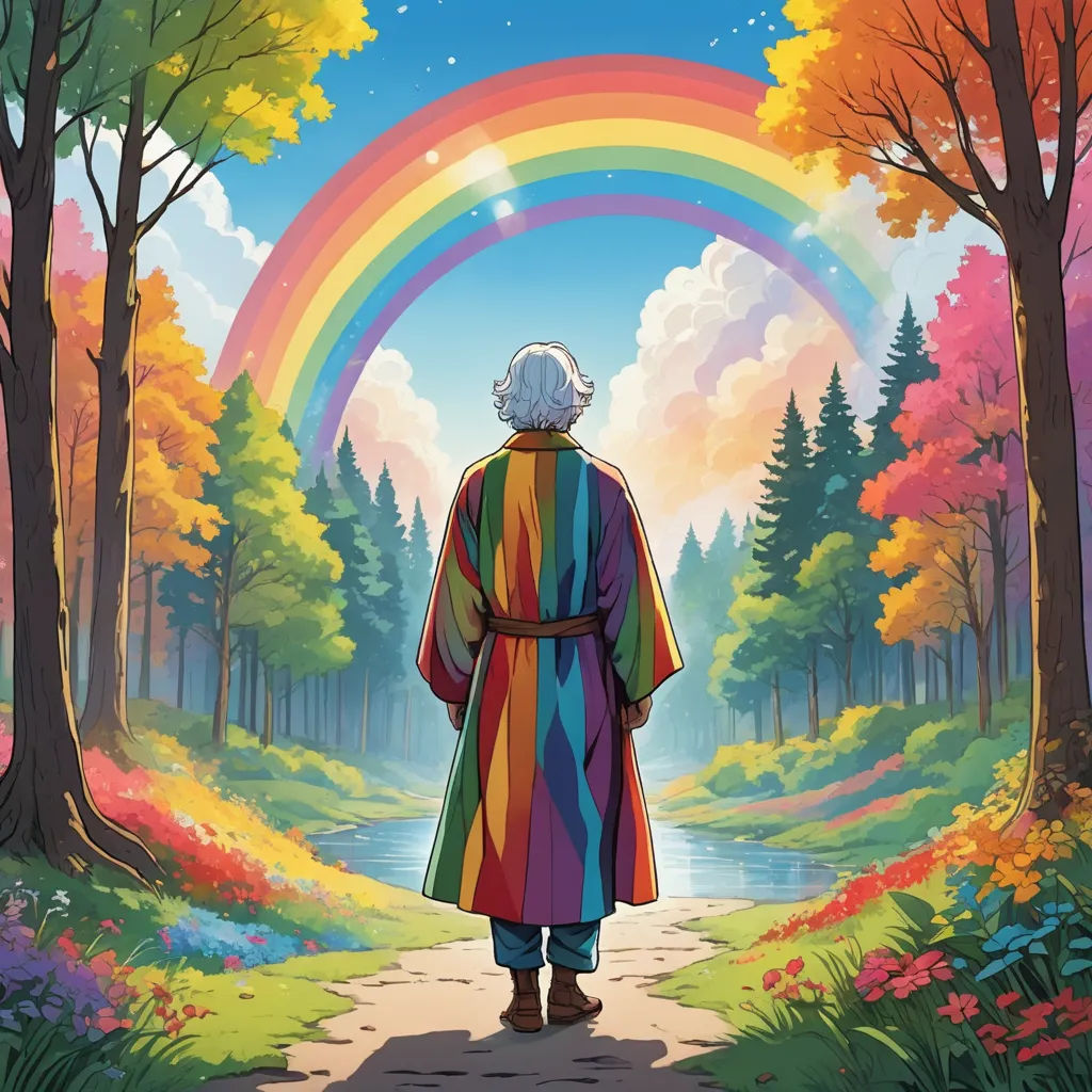 a man in a rainbow colored robe is walking towards a rainbow colored forest with a rainbow - colored rainbow, fantasy art, an album cover, Dan Mumford, rossdraws global illumination