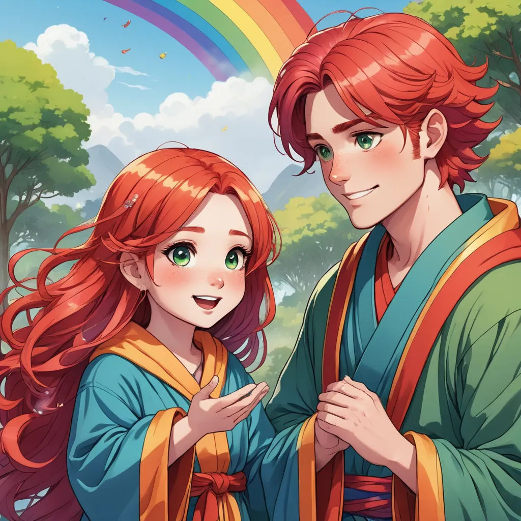 a couple of people standing next to each other near a rainbow and trees in the background with a rainbow, sots art, a character portrait, Anne Said, official art