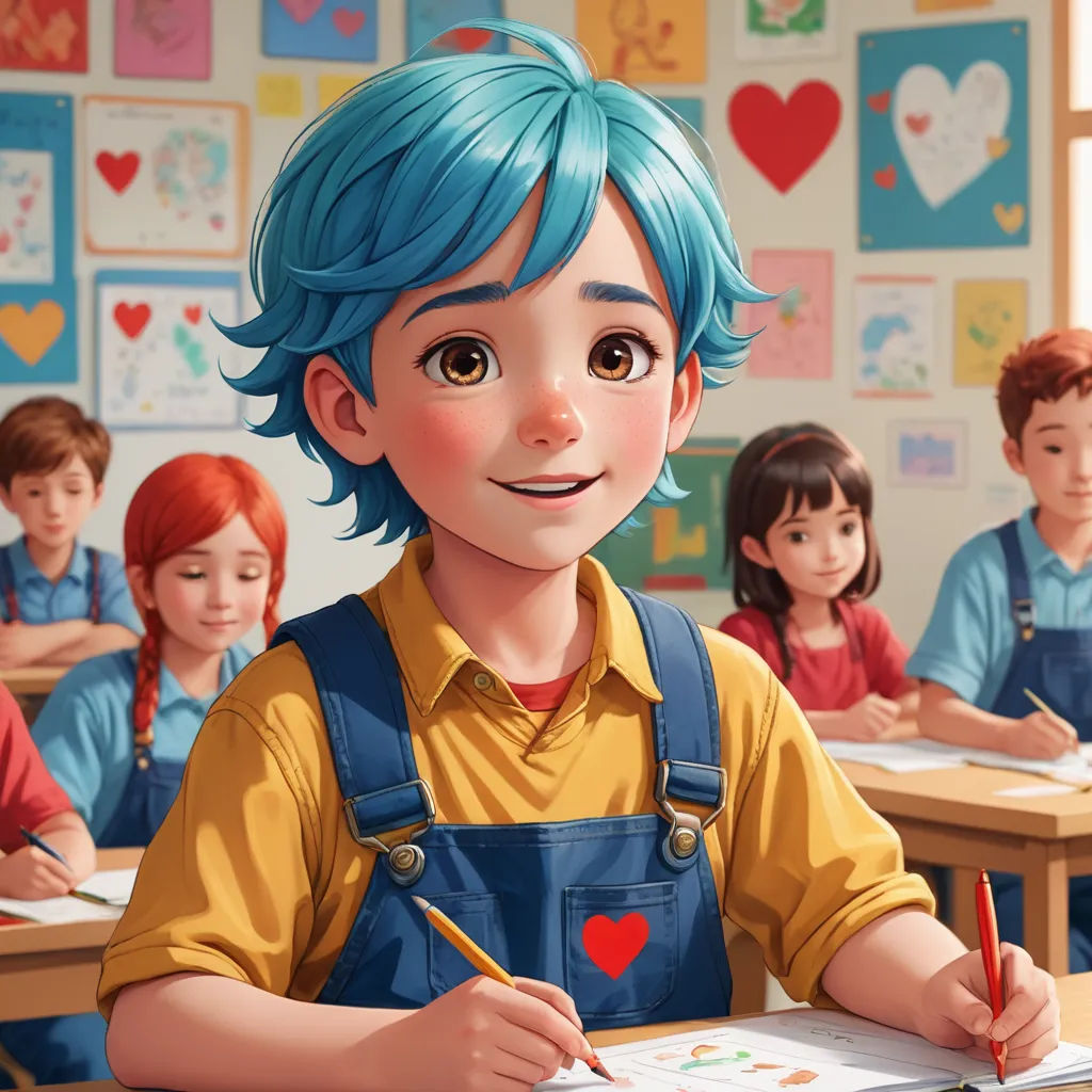 a boy with blue hair is sitting at a desk with a pencil and paper in front of him and other children, paris school, a detailed painting, artist, trending on art station