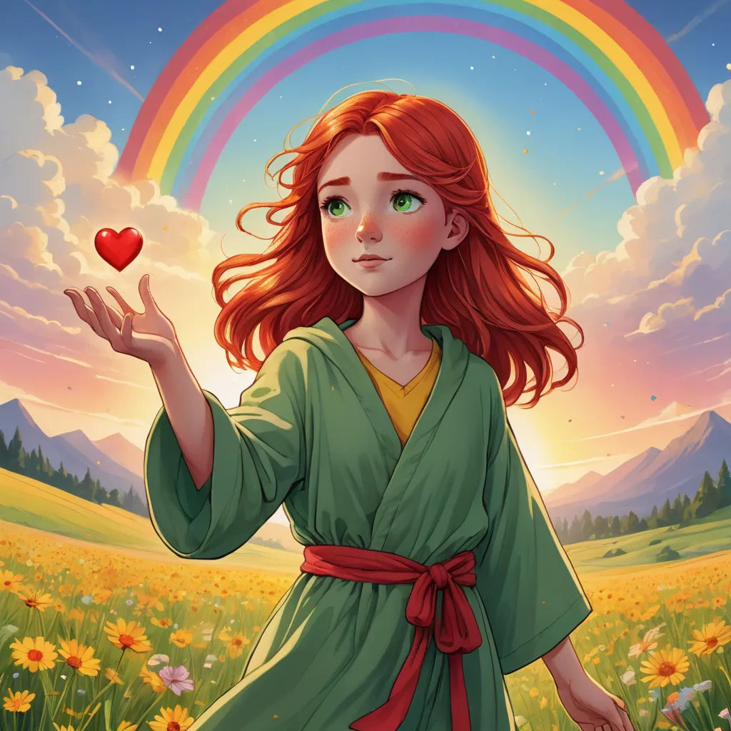 a girl in a green dress holding a heart in a field of flowers with a rainbow in the background, fantasy art, a storybook illustration, Cyril Rolando, official art