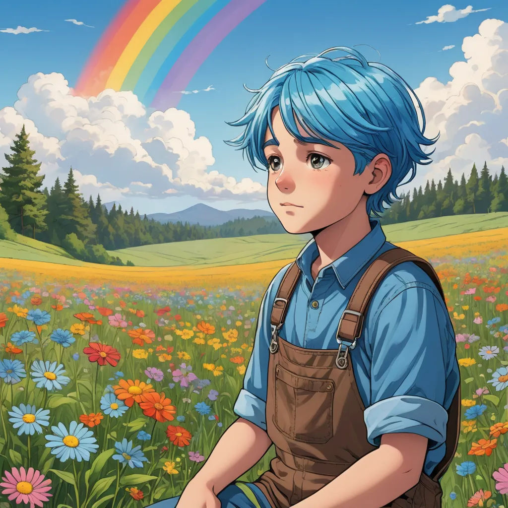a boy with blue hair and a blue shirt is standing in a field of flowers and a rainbow in the background, color field, a character portrait, Aaron Jasinski, official art