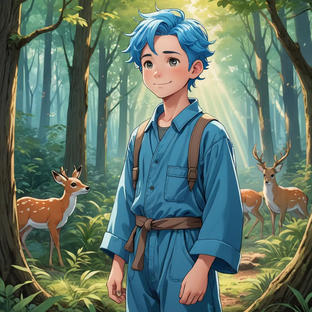 a boy with blue hair standing in a forest with deers behind him and a forest background with trees, sots art, a character portrait, Adam Manyoki, official art