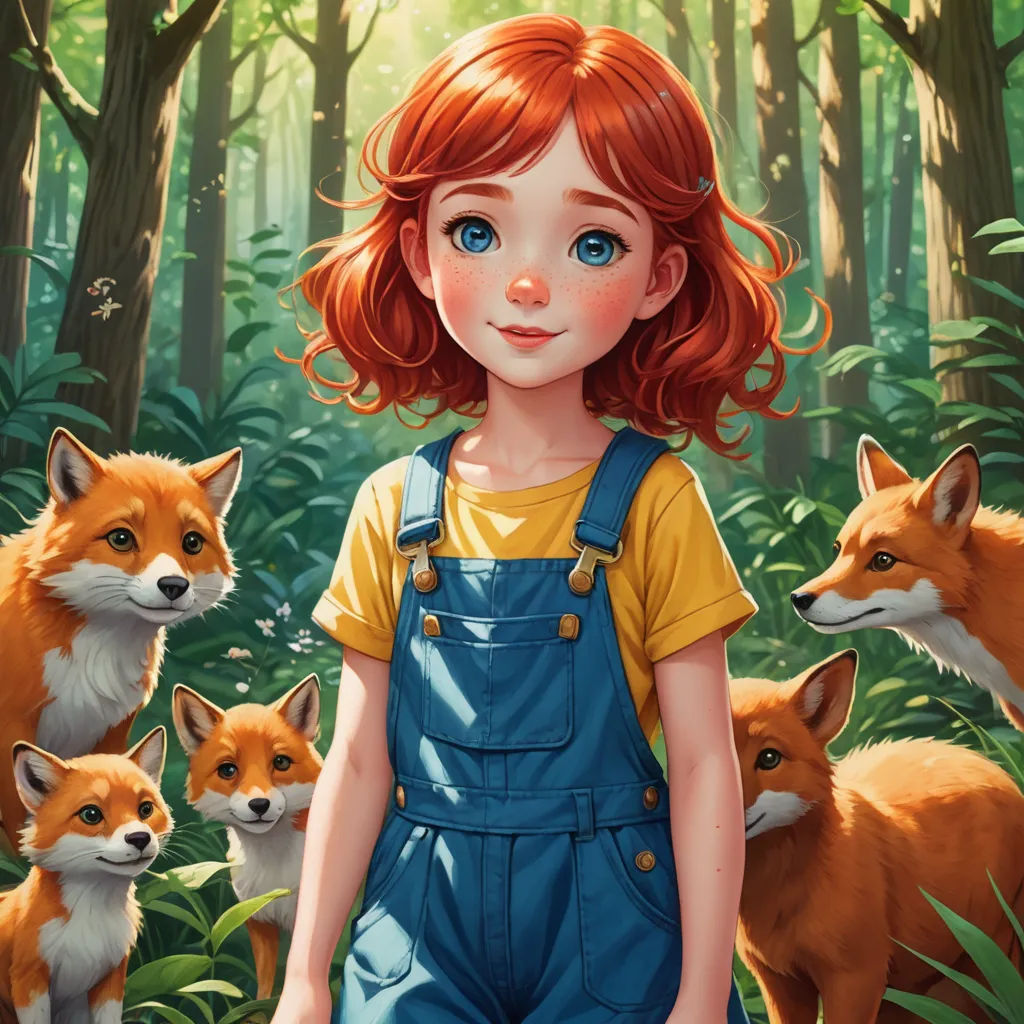 a painting of a girl with red hair and two foxes in the woods behind her, with a forest background, furry art, a storybook illustration, Alice Prin, trending on art station