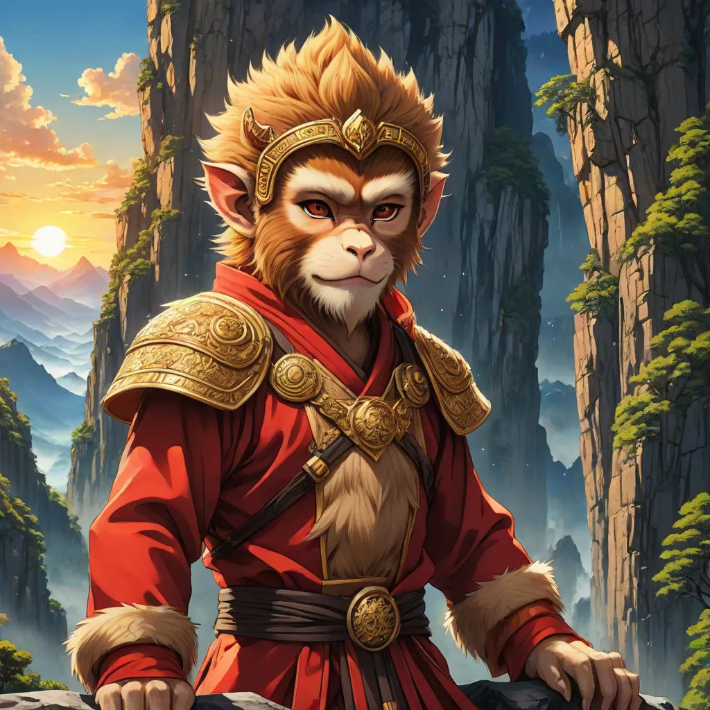 a monkey in a red outfit standing in front of a mountain landscape with a sunset in the background and a mountain range in the background, fantasy art, a character portrait, Dai Jin, key art