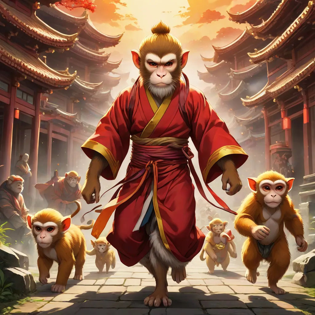 a monkey with a monkey on its back and monkeys on its back in front of him, with a temple in the background, fantasy art, concept art, Du Jin, league of legends concept art
