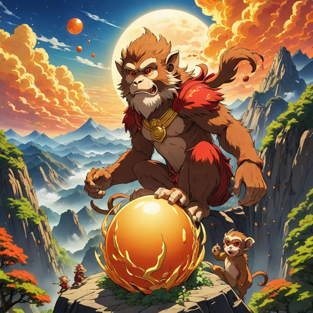 a cartoon of a monkey on a rock with a golden ball in front of it and a monkey on the other side, sots art, poster art, Chris LaBrooy, rossdraws global illumination
