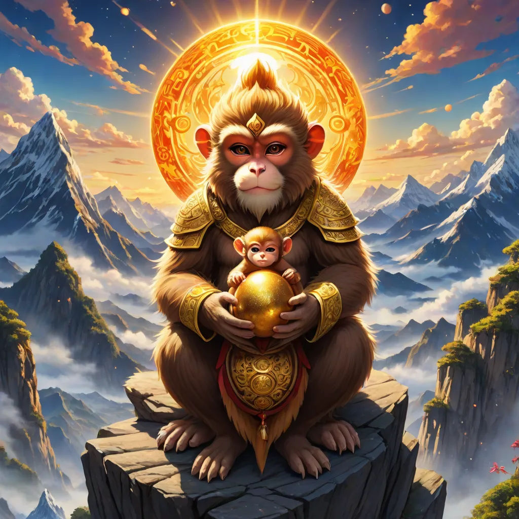 a monkey holding a baby monkey on top of a mountain with a golden ball in its hand and a sun above it, fantasy art, a fine art painting, Alex Petruk APe, key art