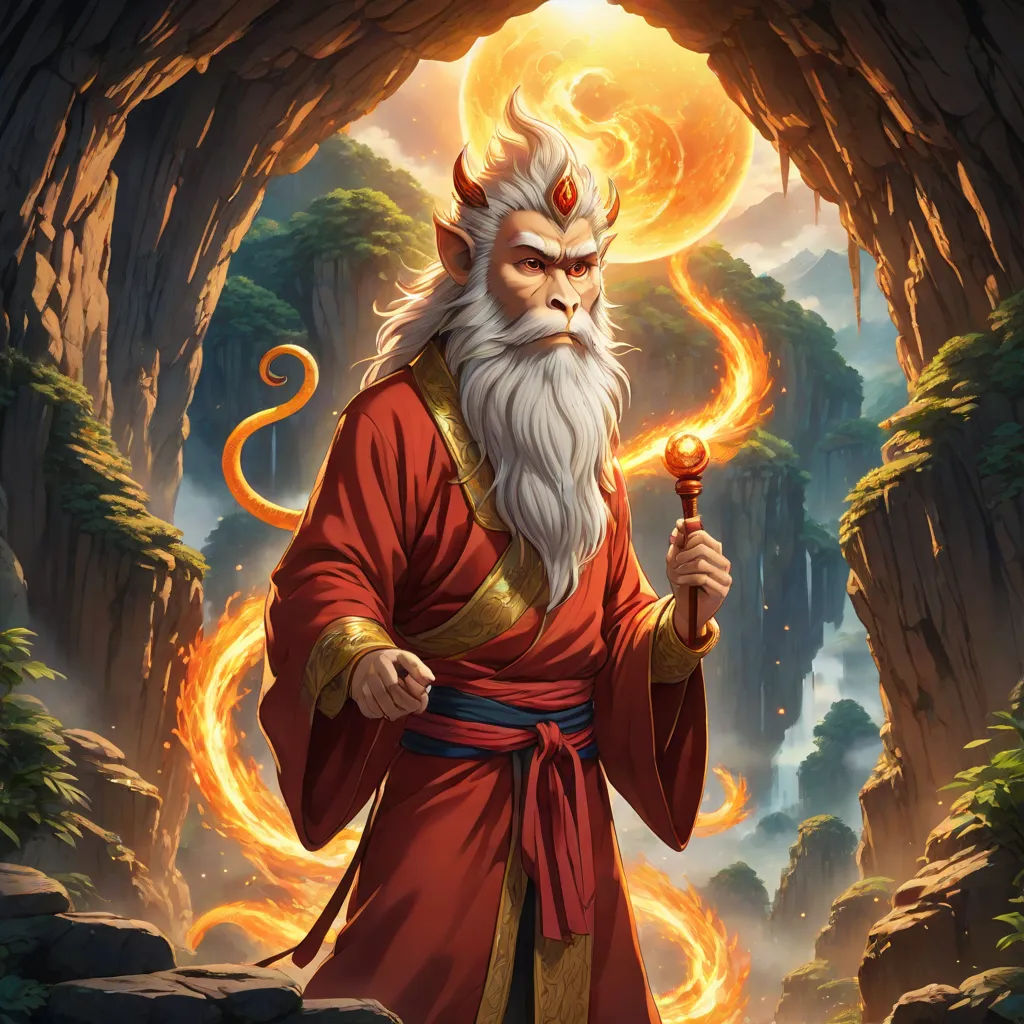 a man with a long white beard and a red robe holding a sword in a cave with a fireball, fantasy art, concept art, Art of Brom, epic fantasy character art