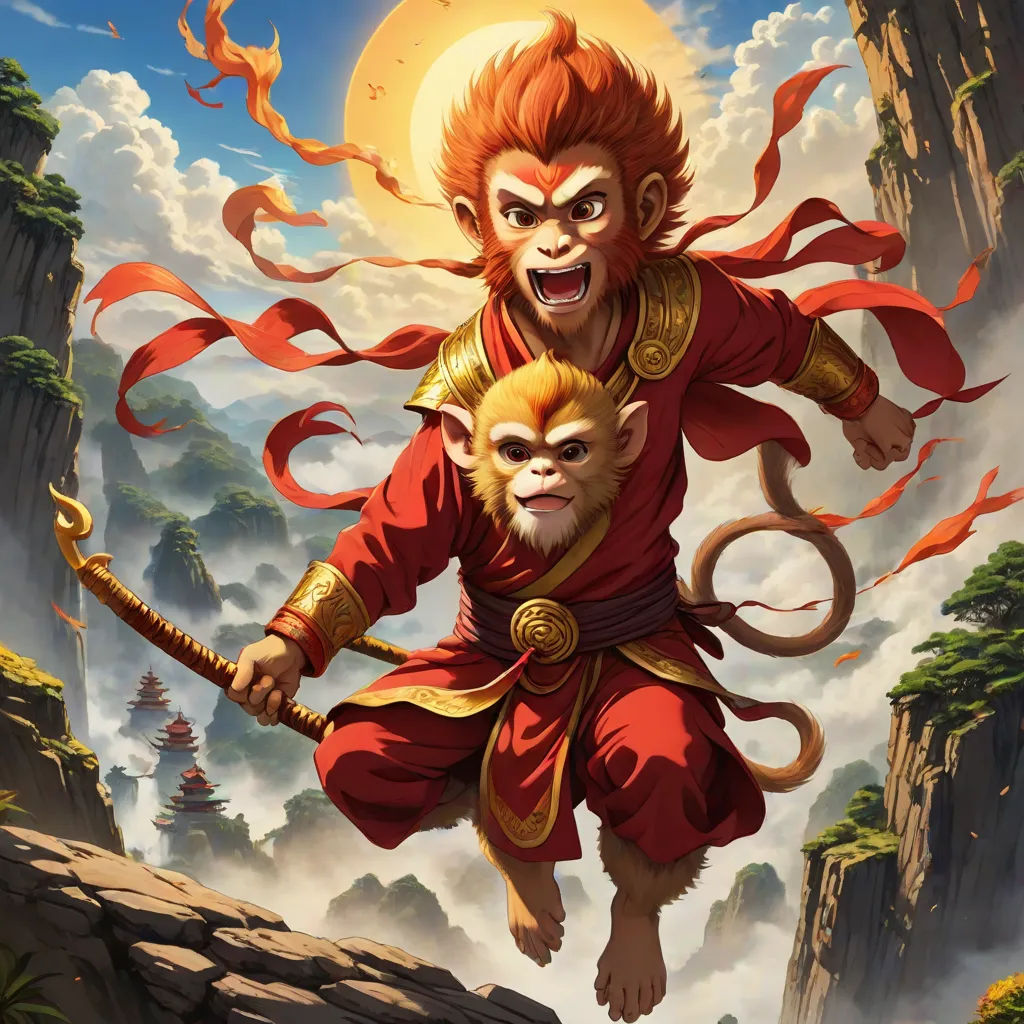 a monkey and monkey on a cliff with a sky background and clouds in the background, with a monkey holding a sword, fantasy art, poster art, Alex Petruk APe, rossdraws global illumination